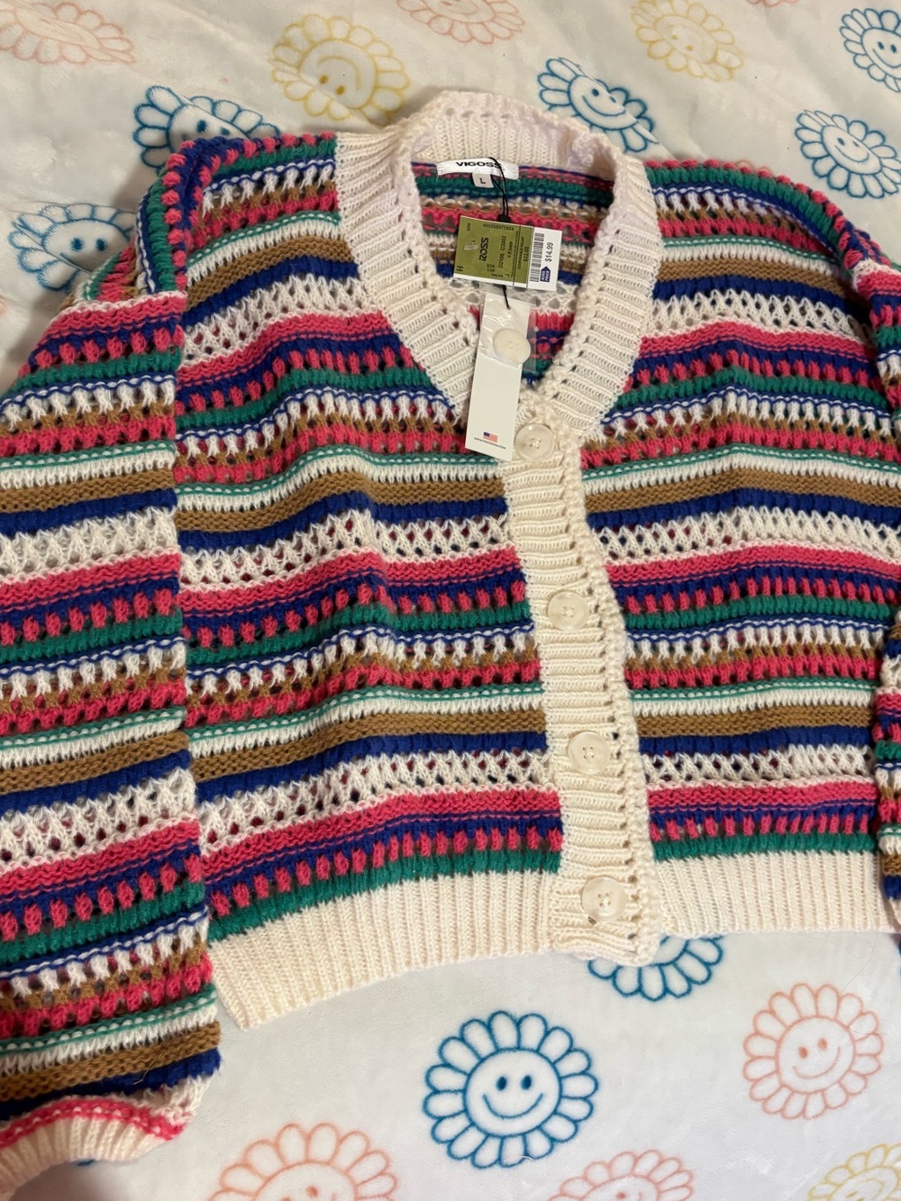 Vigoss Multicolor Striped Crochet Cardigan - Cream, Pink, Blue, Green, Brown